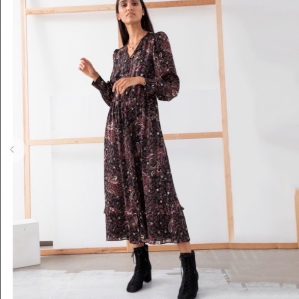 & Other Stories Paris Atelier Paisley Satin MIDI Puff Sleeves Dress Size 2